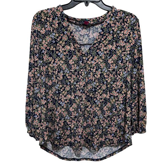 Vince Camuto Shirt Womens Small Navy Floral V-Neck Long Sleeve Stretch Blouse - Picture 1 of 8